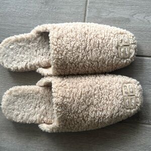Mens Balenciaga Faux Shearling Slip On Mules Beige